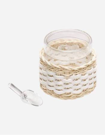 DEAUVILLE LEATHER & RATTAN GLASS SUGAR BOWL WITH SPOON